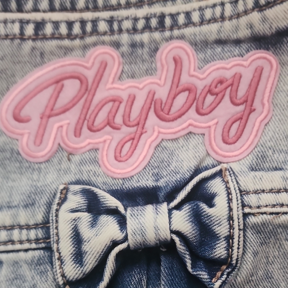 Playboy Y2K Denim Mini Skirt Bow Detail Logo Patch NWT Size 9 - Picture 6 of 8